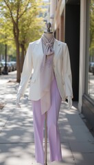 Obraz premium White blazer with lilac trousers on mannequin in sunlit street