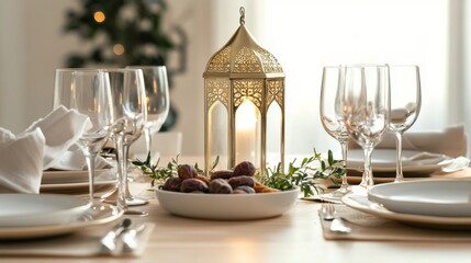 Elegant dining table setting with lantern and dates in a cozy atmosphere during evening hours