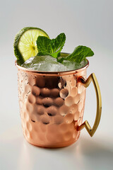 Captivating Moscow mule served in a copper mug with mint and lime garnish on a clean white background