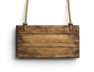 Blank rustic wooden sign hanging on ropes, isolated on white.