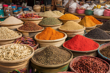 Fototapeta premium A vibrant display of various spices and herbs at a bustling local market in Delhi, India. The rich colors and textures of the spices are showcased, highlighting the essence of Indian cuisine