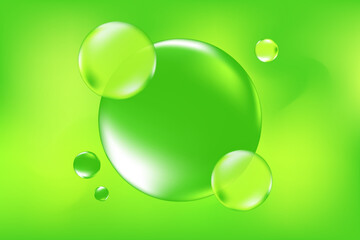 Glowing green 3D liquid bubbles or fluid jelly droplets background. Aesthetic fresh composition for cosmetology, beauty science, skin care molecular concept.