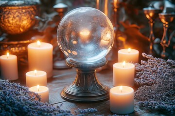 A sparkling crystal ball reflects a starry glow, resting on an ornate stand amid scattered lavender and candles