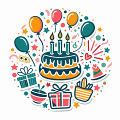 Festive birthday cake with presents, balloons, and candles in a circle.