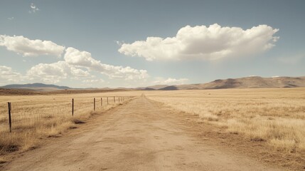 A long dirt road stretches through a vast, dry, grassy plain under a partly cloudy sky, mountains in the distance.