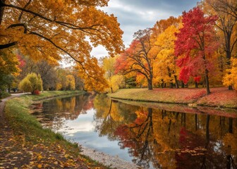 Obraz premium Autumn River Reflection: Golden Leaves in Park Landscape