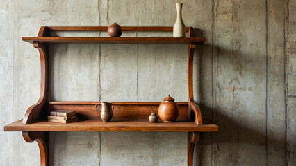 A wooden shelf with smooth, curved lines, fixed against a concrete wall with a rough texture. Various decorative elements are placed on the shelves.