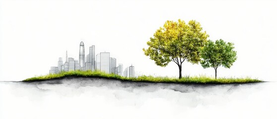 Obraz premium Urban Landscape Meets Nature with Two Vibrant Trees and City Skyline in Artistic Illustration Style