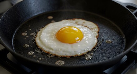 Capture a hyper-realistic 8k image of a fried egg sizzling in a well-seasoned cast-iron skillet. The egg should have a glossy yolk surrounded by a slightly crispy, golden-brown edge. The ski