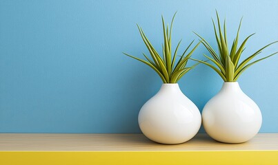 Two white vases with green plants on a wooden shelf against a blue wall, ideal for interior design