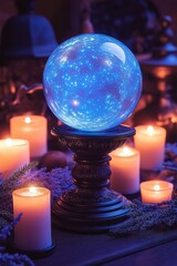 A mystical crystal ball glows with blue cosmic energy, casting a soft light amid flickering candles