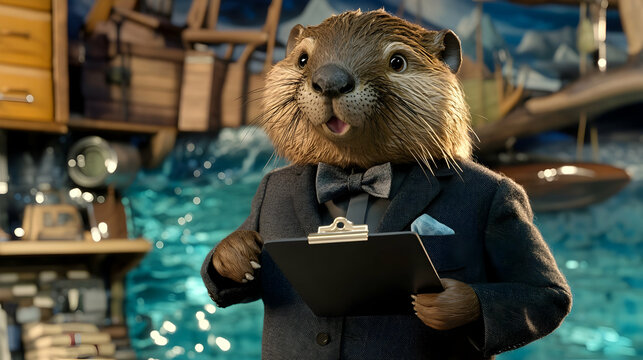 A beaver wearing a dark gray blazer and bow tie, holding a miniature clipboard near a water-themed office