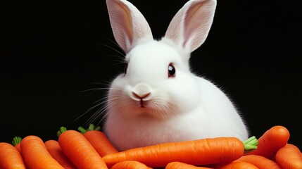 White rabbit is sitting on a pile of carrots. The rabbit is looking at the camera with curiosity. The scene is peaceful and calm, with the rabbit and carrots creating a sense of harmony and balance