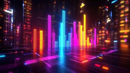 Fototapeta premium Floating glowing chart with digital data elements, bright neon bars against a dark background 
