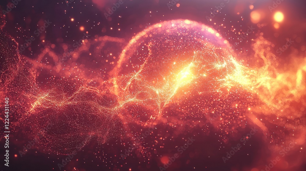 Wall mural luminous sphere in a vortex of shimmering particles: an abstract composition of warm hues