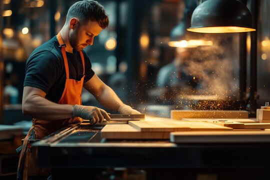 Carpenter cutting wooden plank using table saw in modern woodworking workshop