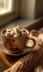 Fototapeta premium A cup of hot chocolate with marshmallows, accompanied by a soft, warm scarf, placed on a windowsill. The perfect setup for enjoying a cozy winter day by the window
