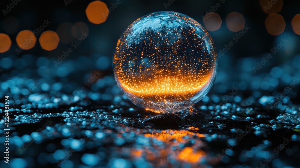 Wall mural luminous sphere with sparkling particles on dark surface