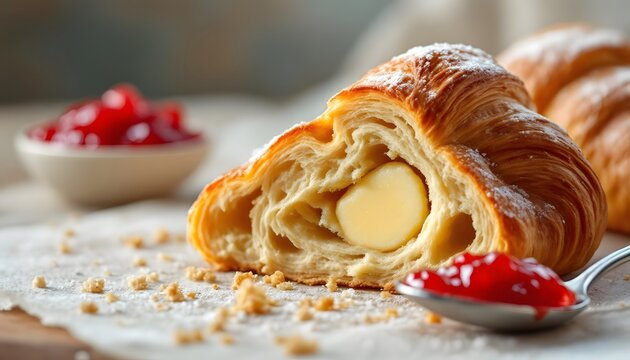 Capture a hyper-realistic 8k close-up image of a freshly baked croissant sliced in half, with a pat of butter melting on the inside. A spoonful of vibrant red jam is placed beside the croiss