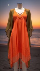Fototapeta premium Orange lace summer dress on mannequin at sunset beach