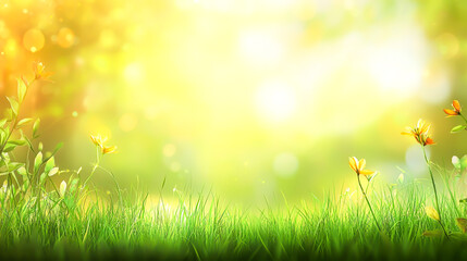 Obraz premium Beautiful spring background with fresh green grass on meadow. Nature landscape with sunlight