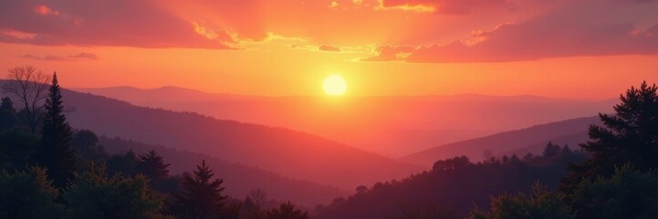 Softly glowing sunset over a serene landscape, peaceful, gentle
