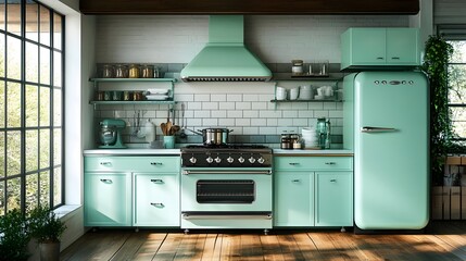 Fototapeta premium A retro-style kitchen with mint green appliances and chrome details.