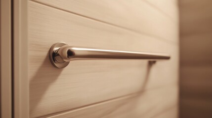 Close-up of a polished metal grab bar mounted on a light wood wall.