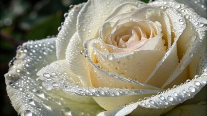Glistening dew drops on delicate white rose petals with subtle sheen, whimsical, intricate, delicate