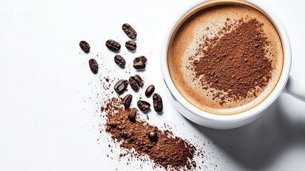 White coffee cup with a heart-shaped swirl of chocolate powder on top. The coffee cup is surrounded by coffee grounds and chocolate powder, creating a cozy and indulgent atmosphere