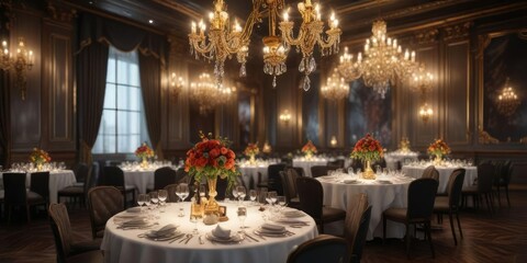Glittering chandeliers hanging above an upscale awards table, high-end, chandeliers