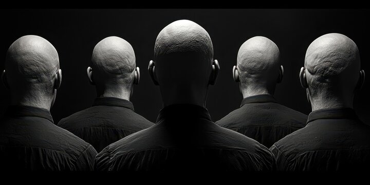 Group of men with shaved heads standing in a line