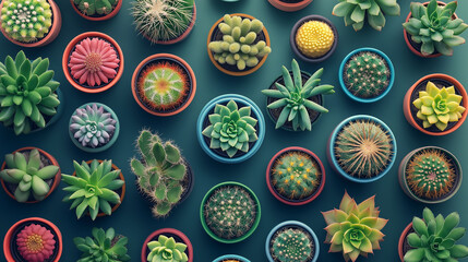 Colorful cactuses and succulents in various decorative pots from a top view , vibrant, plants, set, collection, assorted