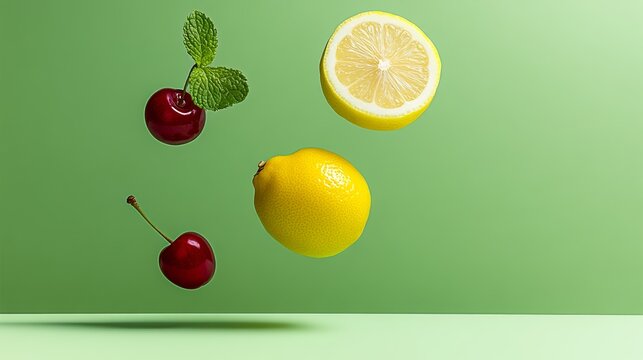 Close up of a green background with a cherry, lemon and lime on it. The cherry is on the left, the lime is in the middle and the lemon is on the right