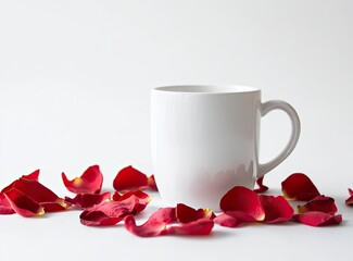 White mug mockup with rose petals on a white background, Valentine's Day theme, product photography, high resolution,