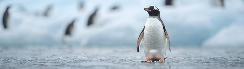 A solitary penguin stands on icy water, surrounded by a cold, blue landscape, embodying the serene beauty of its Arctic habitat.