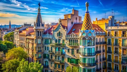 Barcelona Architecture: Modernist Building with City Skyline & Copy Space
