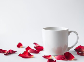 White mug mockup with rose petals on a white background, Valentine's Day theme, product photography, high resolution,