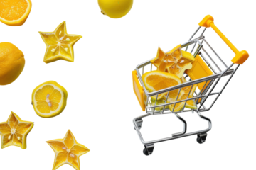 Brightly colored fruit slices in a miniature shopping cart bring vibrancy to a playful kitchen setting isolated on transparent background