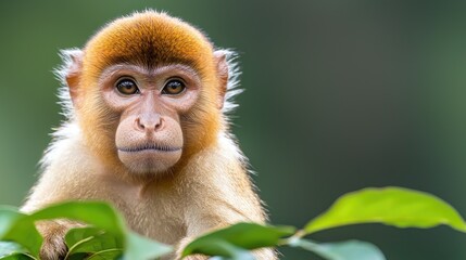 Obraz premium Curious young golden macaque monkey looks directly at the camera behind green leaves in a lush forest.