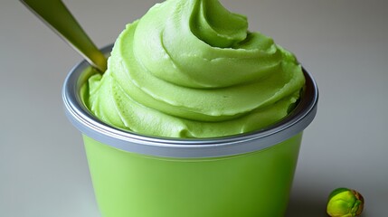 Green ice cream in a bowl with a spoon. The bowl is made of plastic and is green in color