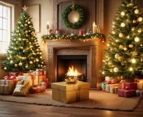 Golden gift box on rustic wooden table next to crackling fireplace and decorated Christmas tree with twinkling lights and ornaments, gift box, cozy atmosphere