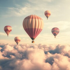 Obraz premium Hot air balloons soaring above clouds at sunset, travel advertisement