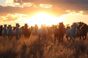 Naklejka premium A herd of white horses galloping across a green field at sunset, creating a mesmerizing view on a summer evening
