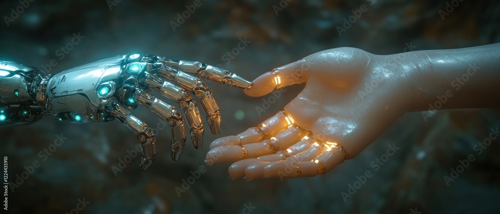 Poster Human and Robot Connection in Futuristic AI Technology with Neural Network and Deep Learning in Cyberpunk Style