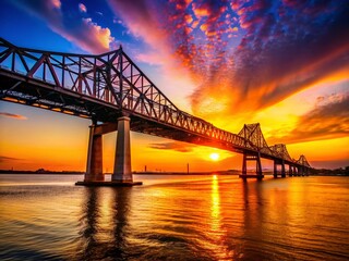 Fototapeta premium Baton Rouge Sunset: Mississippi River Bridge Silhouette, Louisiana Landscape Photography