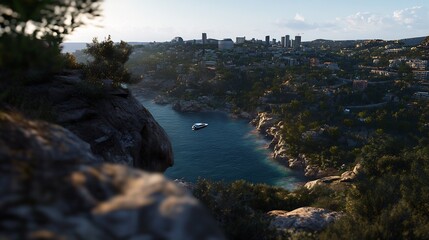 Coastal Cityscape at Sunset: A Panoramic View from the Cliffs