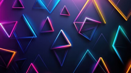 Abstract 3D triangles in bright neon colors, scattered across a dark gradient background with subtle light reflections.