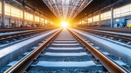 Obraz premium Sunset Train Tracks Industrial Warehouse
