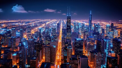 Obraz premium Night cityscape, aerial view, city lights, downtown, skyscrapers, clouds, Illinois, urban, travel, background